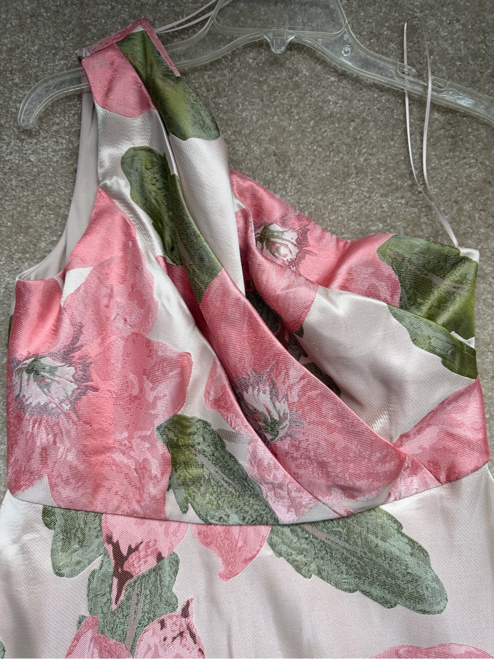 Alex Evenings One-Shoulder Pink/Peach Floral Dress with Green Leaves - Picture 10 of 16